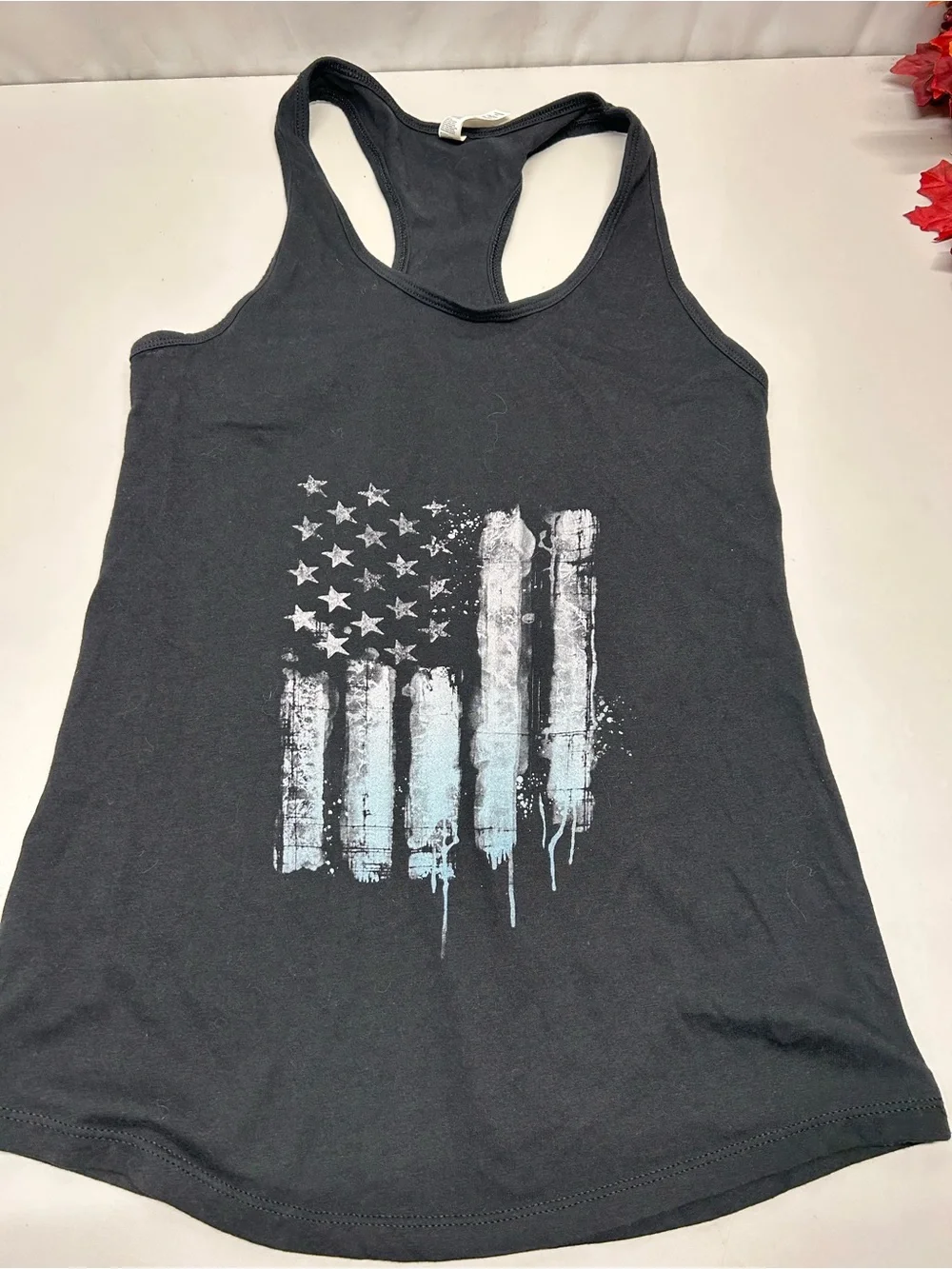 Black Racerback Tank with Distressed Flag Graphic